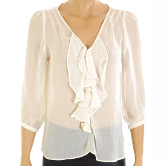 Zara Silk Organza Blouse Ruffle Front Sheer 3/4 Sleeve Cream Fairy Size L - Picture 1 of 16